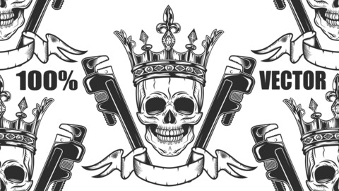 Vintage Gas Pipeline, Heating And Plumbing Construction King With Crown And Heavy-Duty Straight Pipe Wrench With Tape In Monochrome Style Isolated Illustration. 100% Vector