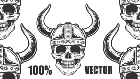 Vintage Skull In The Viking Helmet In Monochrome Style Isolated Illustration. 100% Vector