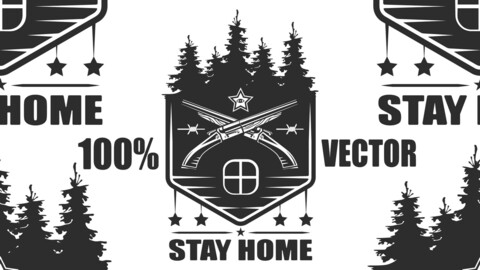 Vintage Monochrome Stay Home Stay Safe With Forest, Crossed Shotgun With American Stars And Barbed Wire On White Background Isolated Vector Illustration