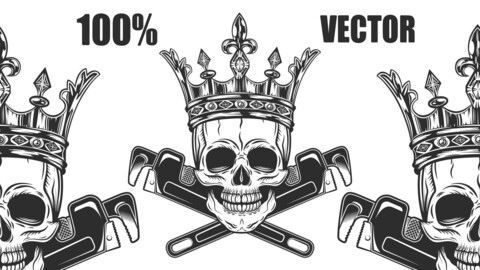 Vintage Monochrome Skull King With Crown Builder From New Construction With Crossed Wrenches Plumbing And Gas Pipes Isolated 100% Vector Illustration