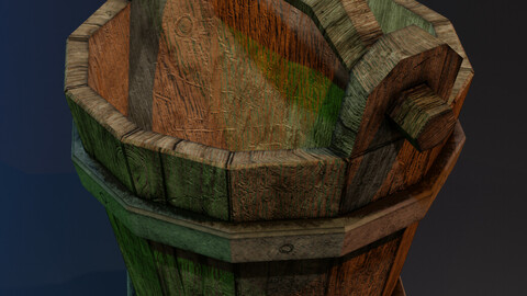 Wooden bucket with metal rings and contamination elements