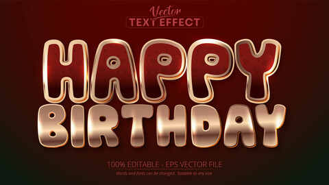 Happy birthday text, shiny rose gold color style editable text effect on red background