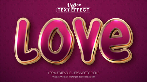 Love text, shiny rose gold color style editable text effect on pink background