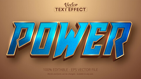 Power text, shiny gold and blue color style editable text effect