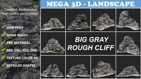 Low poly Big Gray Rough Rock Cliff Collection 210323