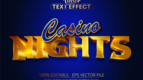 Casino Nights text, shiny golden and blue color style editable text effect