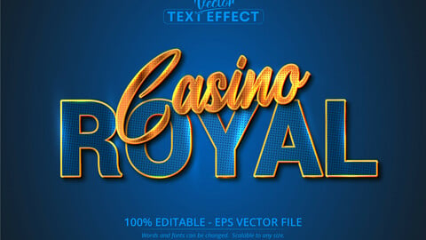 Casino Royal text, shiny golden and blue color style editable text effect