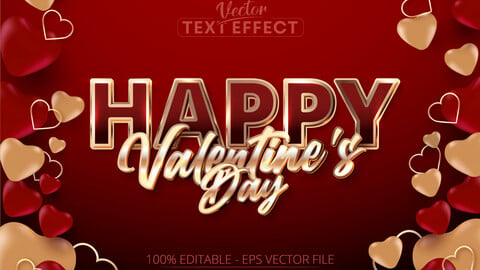 Happy valentine’s day text, shiny rose gold color style editable text effect on red background