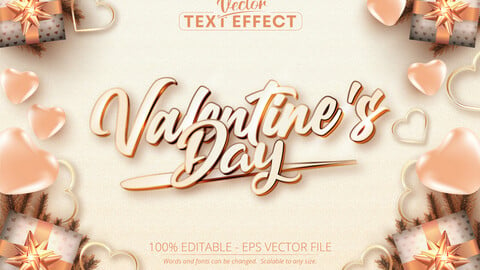 Happy valentine’s day text, shiny rose gold color style editable text effect