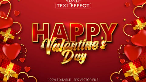 Happy valentine’s day text, shiny gold color style editable text effect on red background