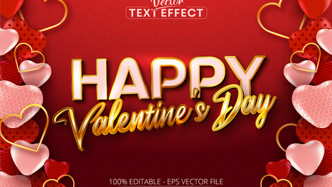 Happy valentine’s day text, shiny gold color style editable text effect on red background