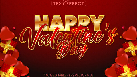 Happy valentine’s day text, shiny gold color style editable text effect on red background
