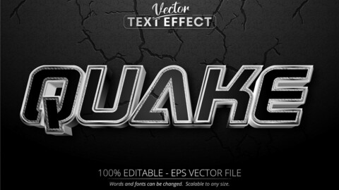 Quake text, shiny silver style editable text effect on black color textured background