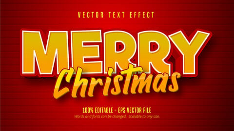 Merry Christmas text, cartoon style editable text effect on red color background