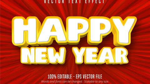 Happy new year text, cartoon style editable text effect