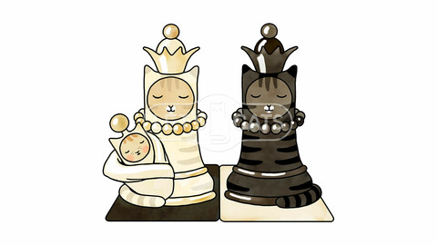Black and white queens cats with pawn