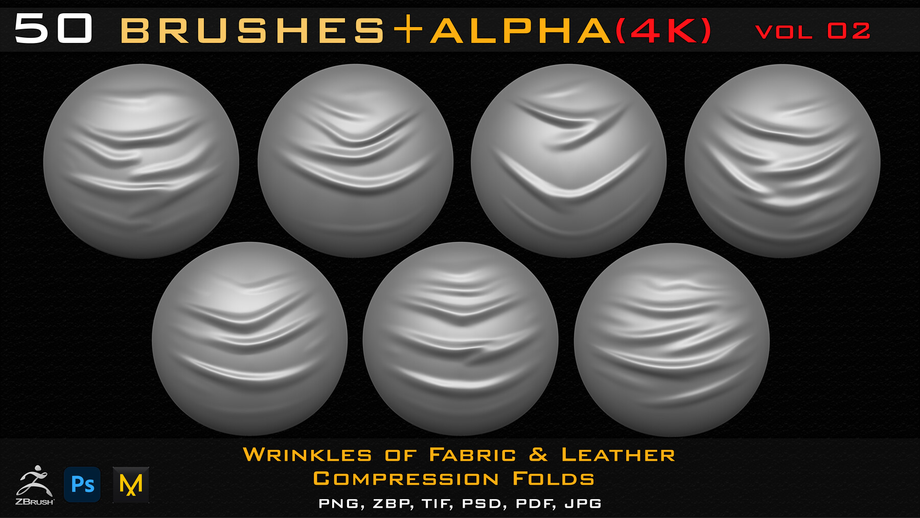 ArtStation - 50 ZBrush Brush + Alpha (4K ) ,Fabric and Leather Compression  Folds- Vol 02