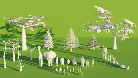 Low Poly Fully Rigged Nature Pack with 23 Unique Animals, 9 Trees, 12 Cactus. Game/Animation Ready!