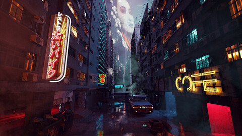 C4D octane render Cyberpunk city street  Skyscrapers scene model japan hongkong neon Slum