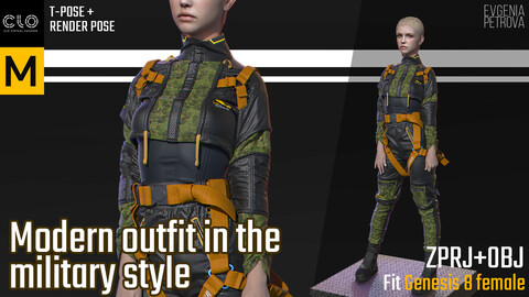 Modern outfit in the military style. Clo3d MD projects + OBJ + render project