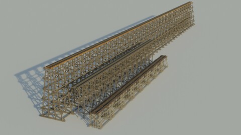 Three models 3D Wood trestle bridge and rail tracks