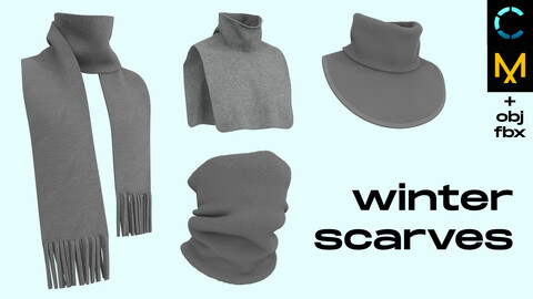 Winter scarves set (fleece, snood, buff, turtleneck, scarf). Marvelous Designer / Clo 3d projects ZPRJ (+obj, fbx)