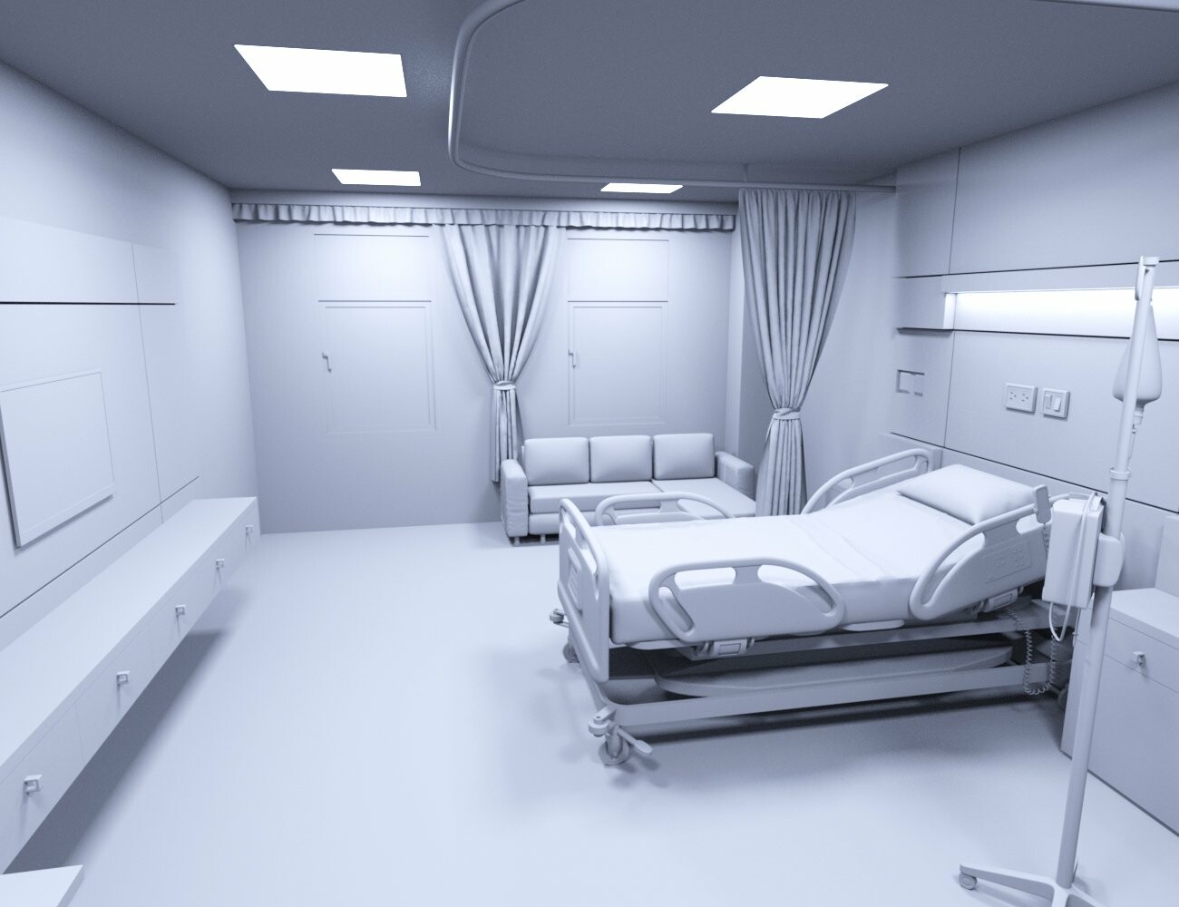 The Modern Hospital Room includes a full room, bed and several props. 