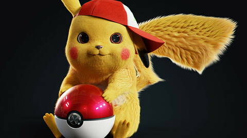Pikachu - 3D Model + Ash's Cap + Pokeball