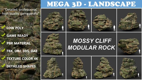 Low poly Mossy Jungle Cliff Modular Collection 210417