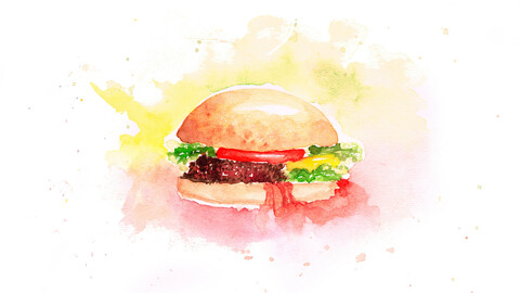 My best watercolor food sketches. Burger, vegetables, bakery and a table with pink champagne and snacks.