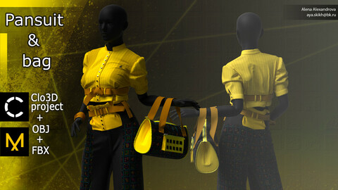 Pantsuit and bag. Clo3D project, Marvelous Designer.