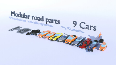 9 low poly car models + 10 modular road parts