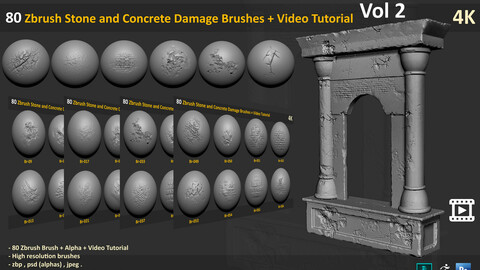 80 Zbrush stone and Concrete Damage Brushes + Video Tutorial - Vol 2