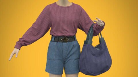 Set of sweater, shorts, belt and bag