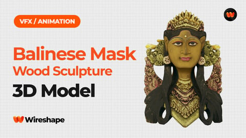 Balinese Janger Dancer Mask Wood Sculpture - Extreme Definition 3D Scanned