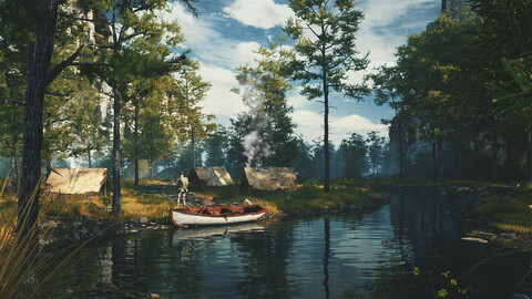 c4d octane Rainforest adventurer Primitive tribal archaeology pine moutain river stream valley