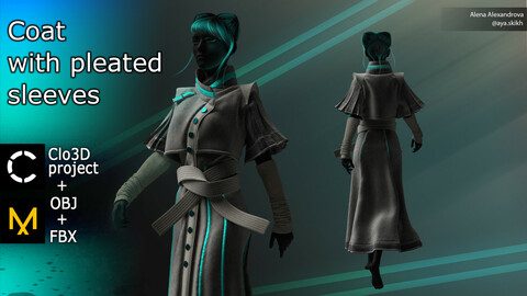 Coat with pleated sleeves. Clo3D project, Marvelous Designer.
