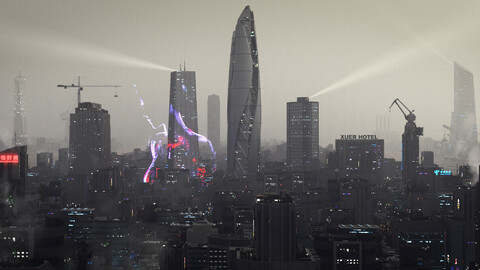 C4D Octane render Cyberpunk city CBD sea river building Urban agglomeration