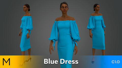 Blue Summer Dress Marvelous Designer, CLO3D, Obj, Fbx