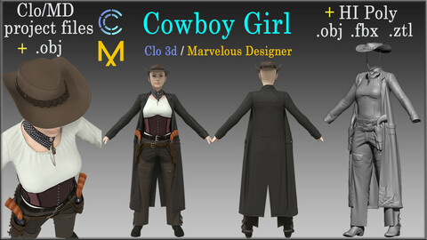 Cowboy Girl / Marvelous Designer, Clo3d project + HI Poly All Cloth