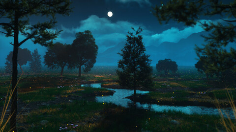 C4D Octane Night forest firefly scene Valley mountain grassland plain river