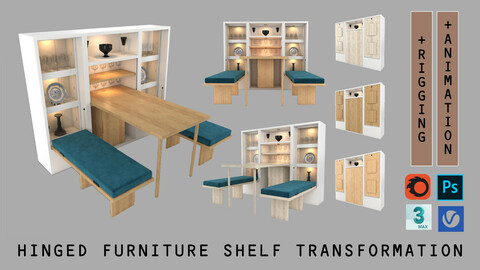 Hinged Furniture Shelf Transformation + Rigging and Animation (3 wood versions)