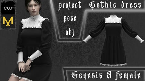 Clo3d/Marvelous designer Female gothic dress. Zprj/Obj/Pose