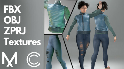 Marvelous Designer + Clo3d + OBJ + FBX + Texture : Down vest & jeans