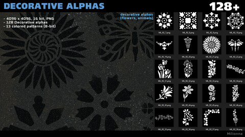 128+ Decorative alphas (floral, animals, colored patterns)