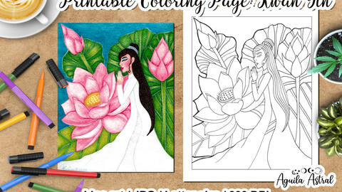 Printable coloring page Kwan Yin, Goddess of Mercy, digital stamp