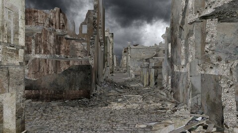 Super realistic walk along the ruined city street after the apocalypse. 3D animation.
