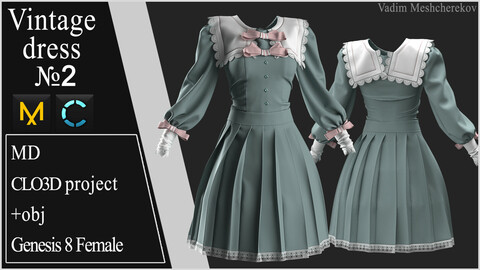 Vintage Dress №2. Clo 3D / Marvelous Designer project +obj