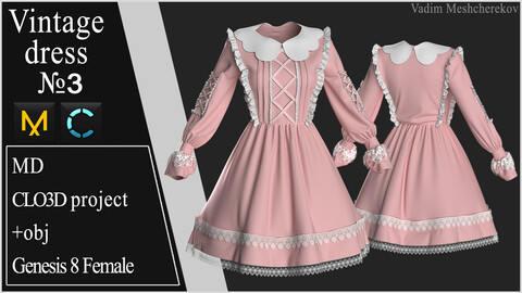 Vintage Dress №3. Clo 3D / Marvelous Designer project +obj