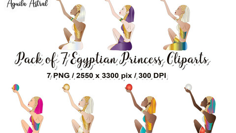 Pack of 7 Egyptian Princess Cliparts, png, stickers,